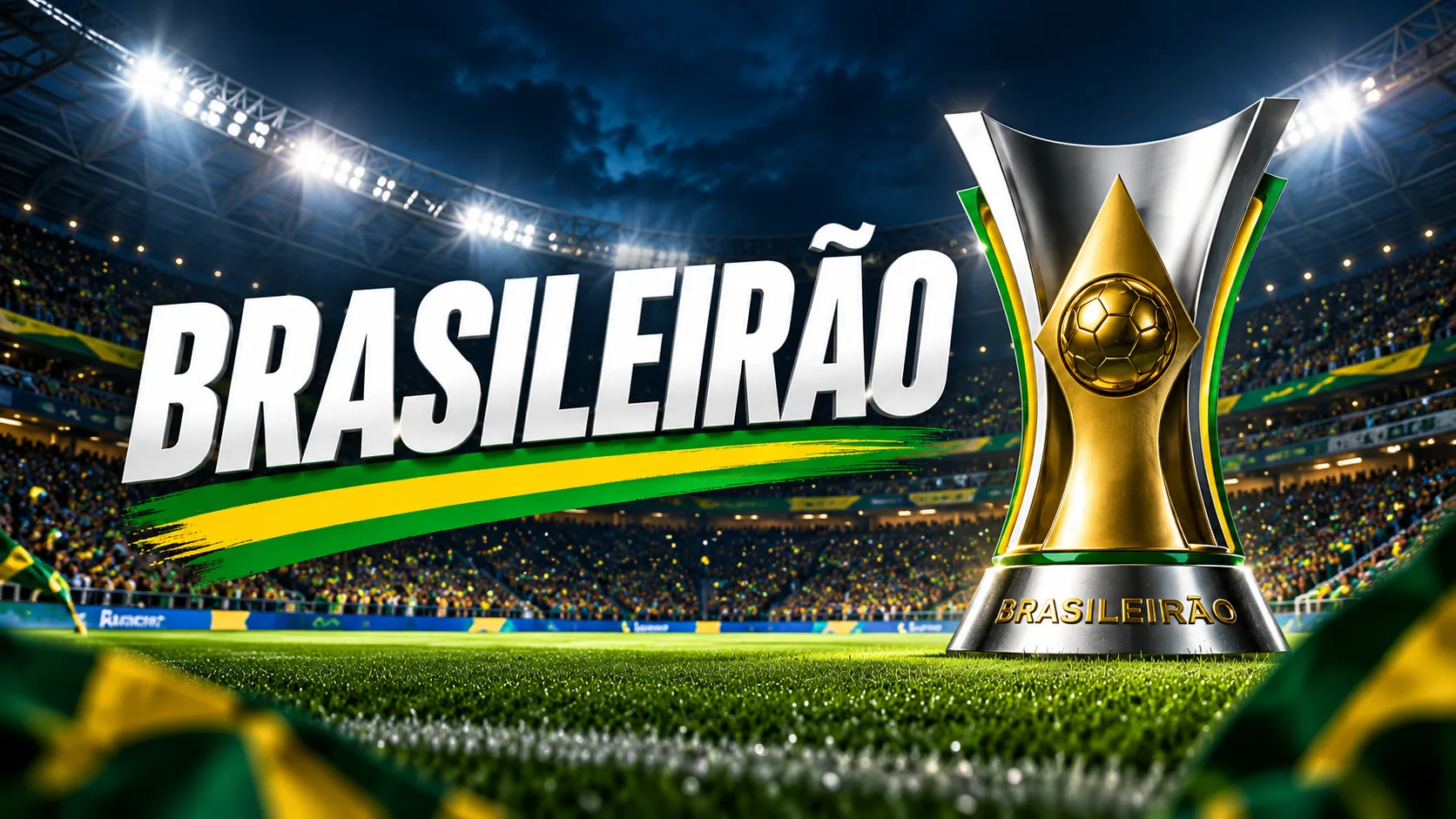 Estádio de futebol iluminado, com gramado em destaque e arquibancadas cheias, representando o Campeonato Brasileiro.