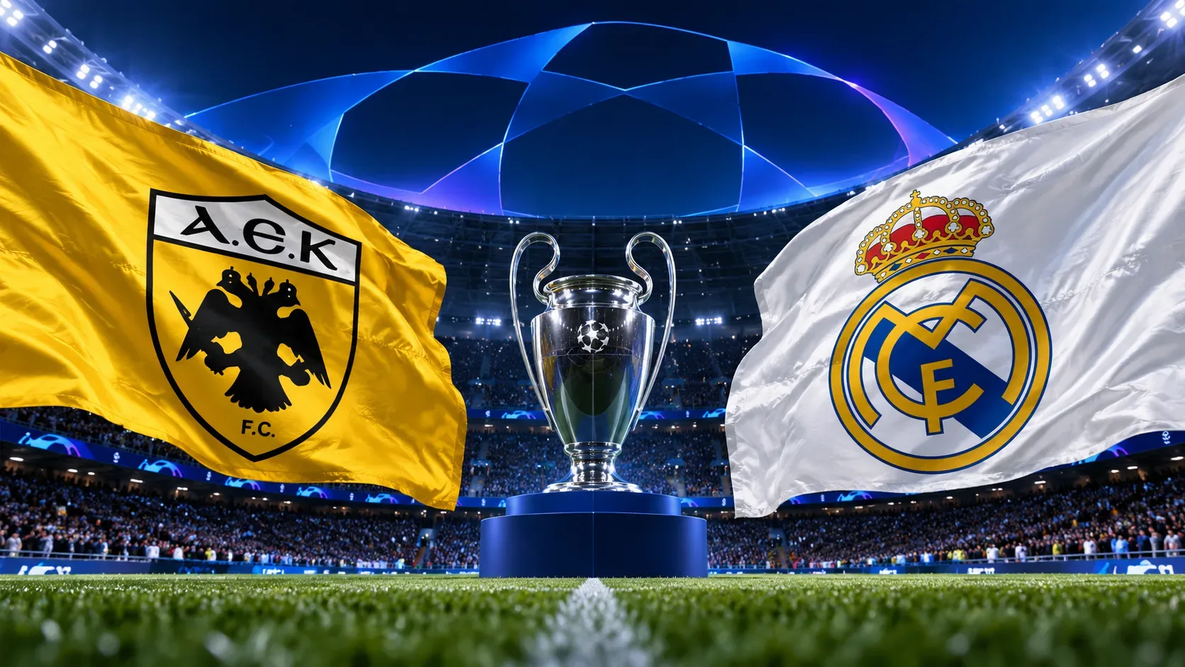 Capa ilustrativa de estádio noturno iluminado, com uma taça prateada ao centro, bandeira amarela do AEK Athens à esquerda e bandeira branca do Real Madrid à direita.