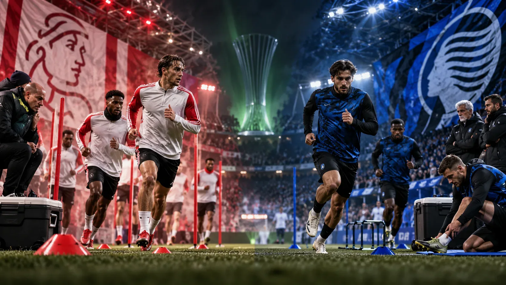 Ilustração noturna de jogadores treinando em dois lados do campo, com uniformes vermelhos e brancos à esquerda e azuis e pretos à direita, sob refletores, diante de comissões técnicas e um troféu estilizado ao fundo.