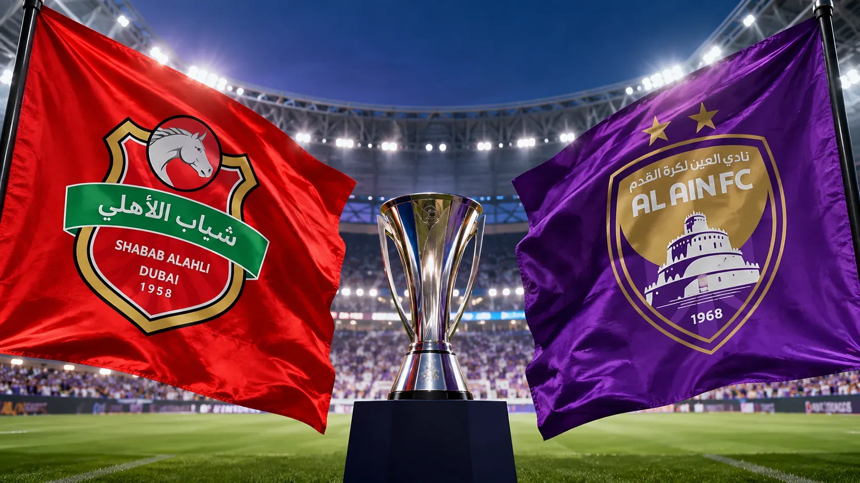 Ilustração digital de estádio iluminado, com bandeira vermelha do Shabab Al Ahli à esquerda, bandeira roxa do Al Ain à direita e troféu prateado ao centro.