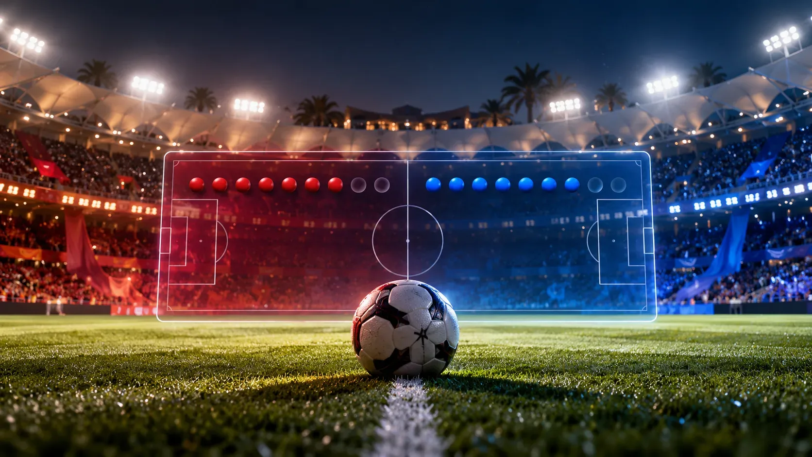 Bola de futebol no gramado de um estádio iluminado à noite, com arquibancadas vermelhas e azuis e painel tático translúcido ao fundo.