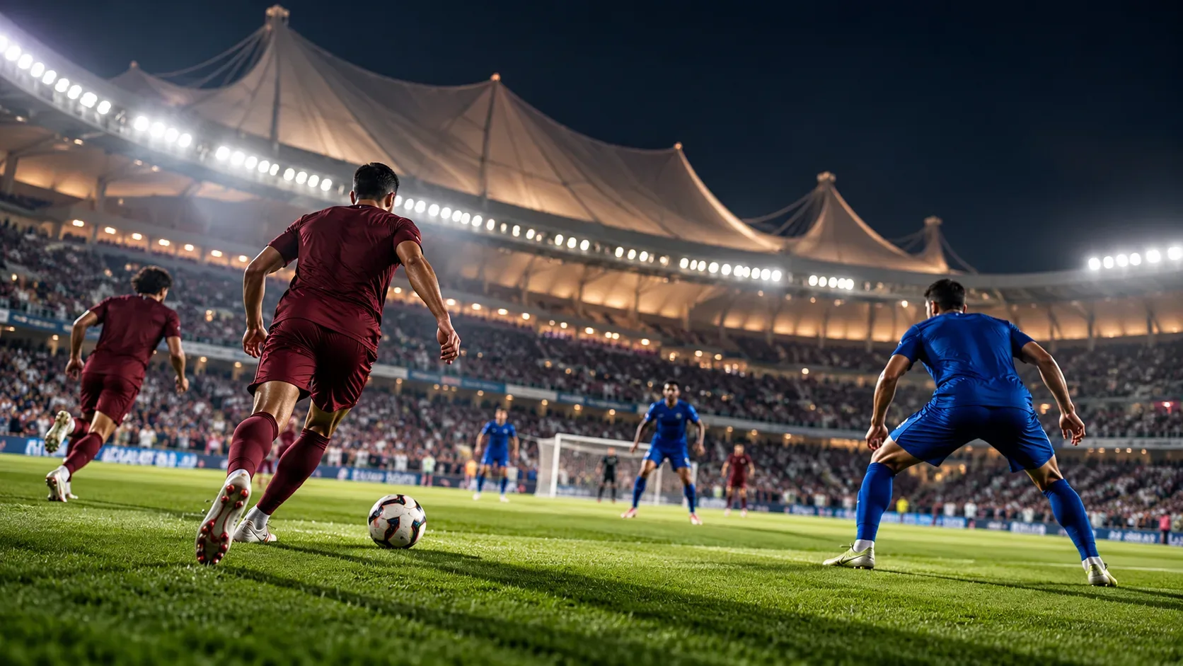Ilustração de futebol noturno: jogador de uniforme vinho conduz a bola diante de adversário de azul em estádio iluminado.
