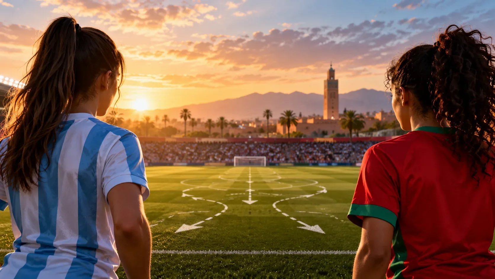 Ilustração editorial horizontal de duas jogadoras vistas de costas, uma com camisa listrada azul e branca e outra vermelha com detalhes verdes, diante de um estádio ao pôr do sol com setas táticas no gramado.