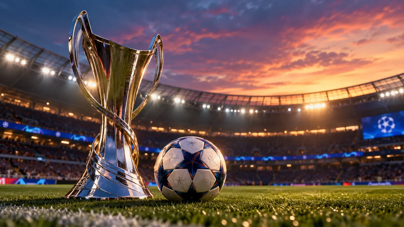Capa ilustrativa com troféu prateado e bola branca com estrelas azuis sobre gramado de estádio iluminado ao pôr do sol.