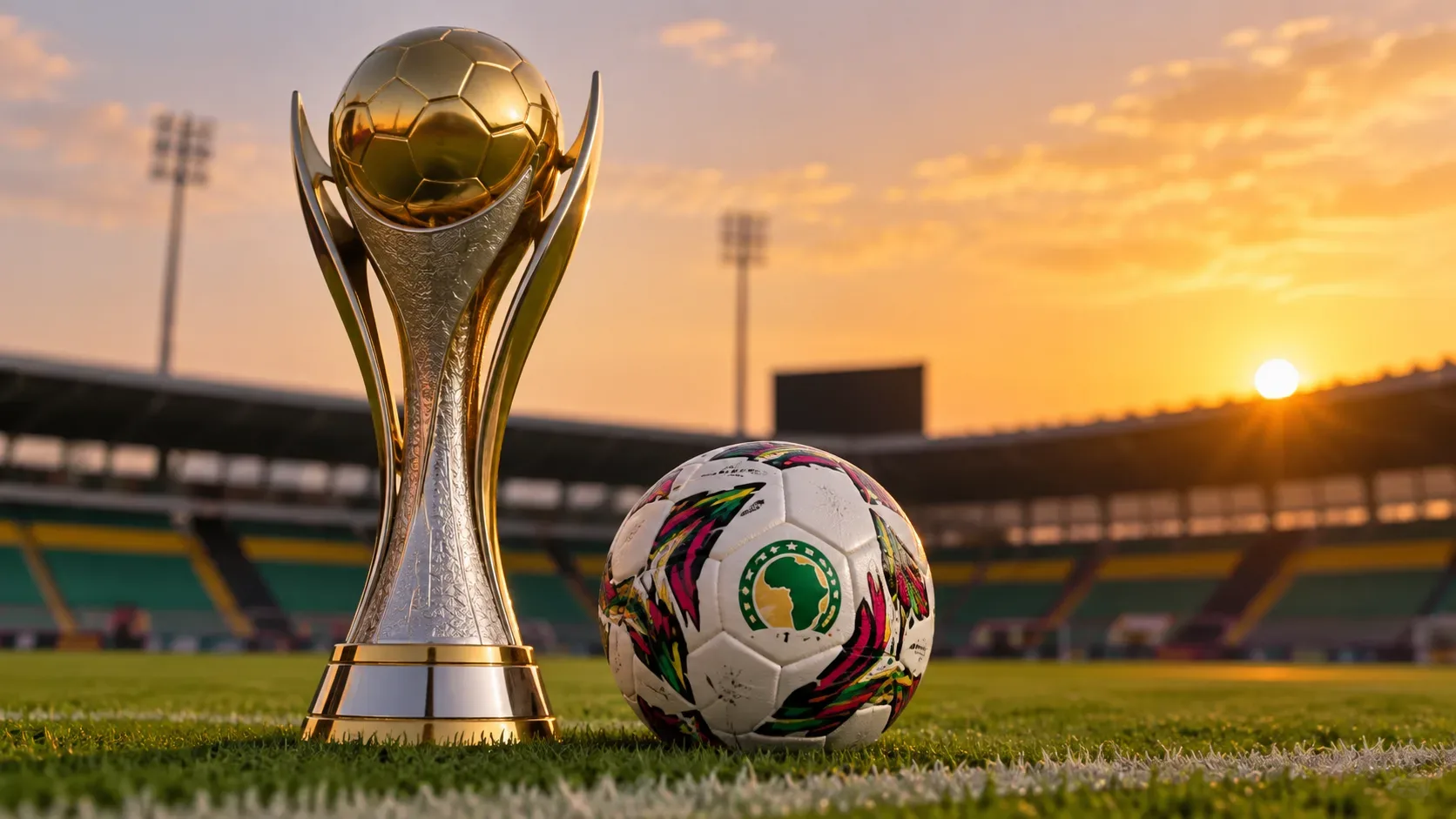 Troféu prateado com bola dourada no topo e bola de futebol colorida sobre o gramado de um estádio ao pôr do sol.