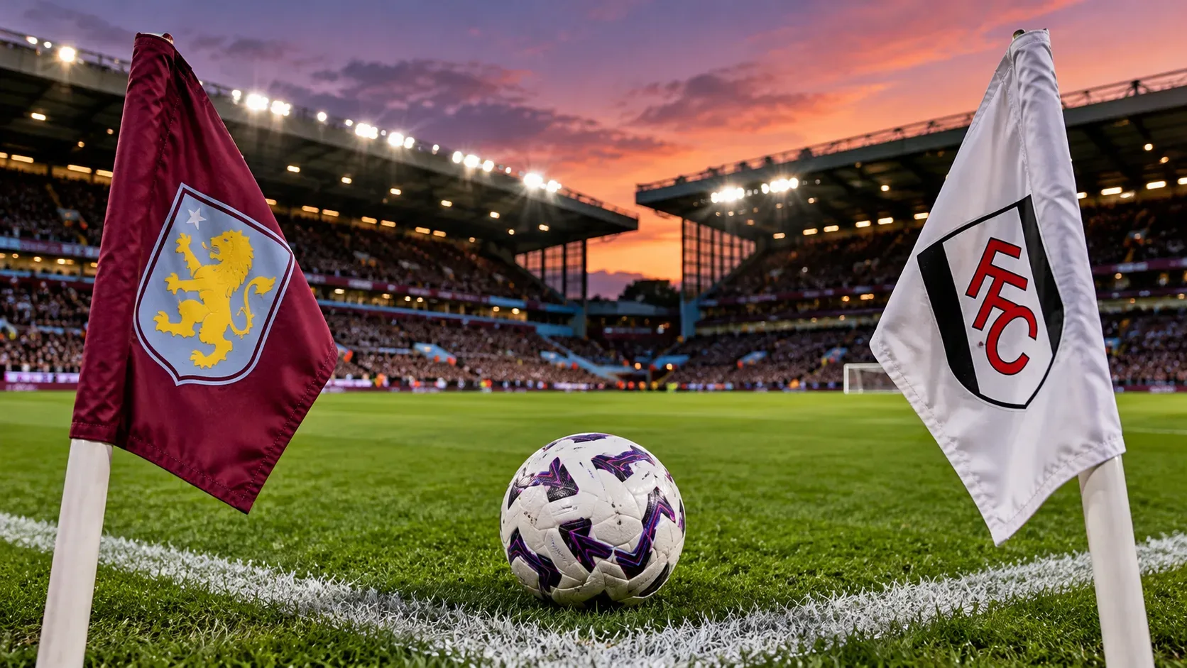 Bola branca com detalhes roxos sobre uma linha do gramado, entre uma bandeira vinho com leão amarelo e outra branca com letras FFC, em estádio iluminado ao pôr do sol.