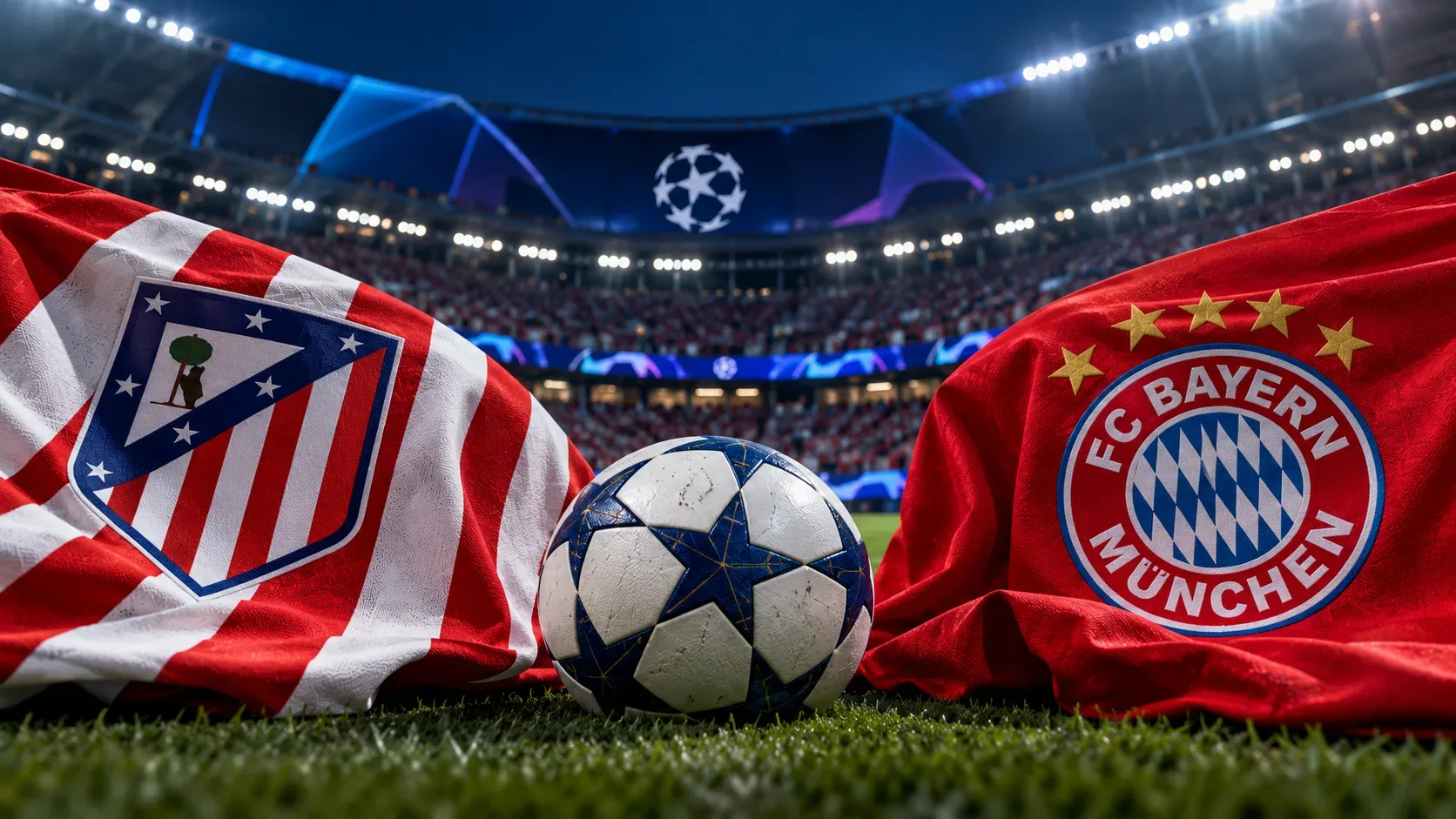 Ilustração de bola azul e branca sobre o gramado, entre bandeiras com os escudos do Atlético de Madrid e do Bayern München, em estádio iluminado.