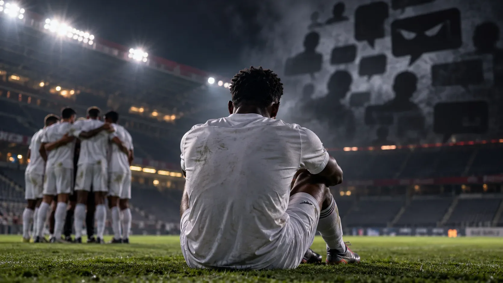 Jogador de futebol visto de costas, sentado no gramado sob refletores noturnos; colegas reunidos ao fundo e silhuetas de mensagens ameaçadoras acima do estádio.