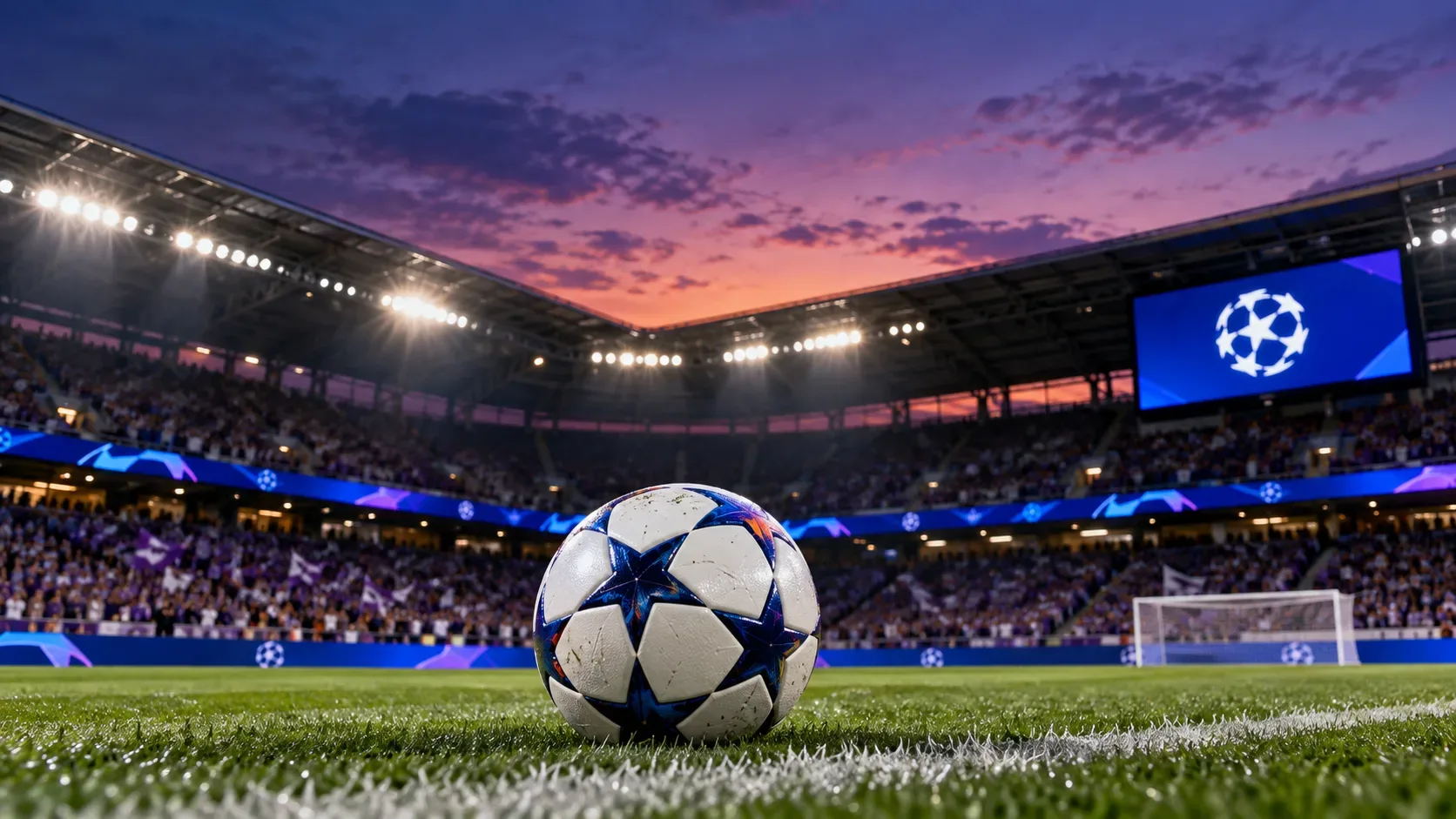 Bola branca e azul sobre o gramado, com estádio iluminado, arquibancadas e telão azul ao fundo, sob o céu do entardecer.