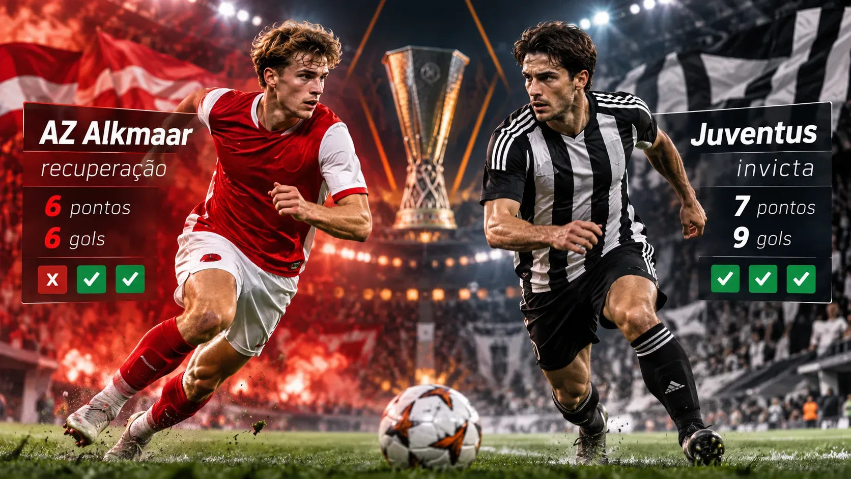 Arte digital com um jogador de vermelho e branco e outro de preto e branco, troféu ao centro e painéis com pontos e gols de AZ Alkmaar e Juventus.