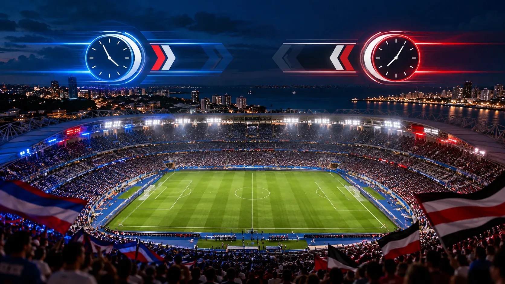 Vista noturna panorâmica de estádio iluminado, com torcedores nas arquibancadas, dois relógios estilizados em azul e vermelho e setas opostas sobre o gramado.