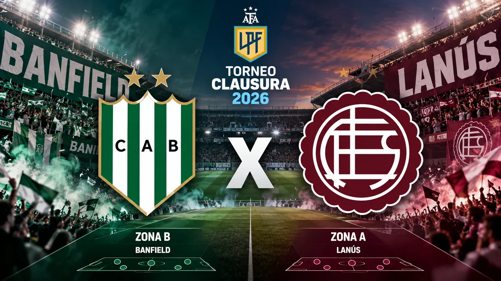 Arte ilustrativa do clássico Banfield x Lanús, com arquibancadas em verde e branco à esquerda e grená à direita, escudos estilizados, um X central e painéis das zonas B e A.