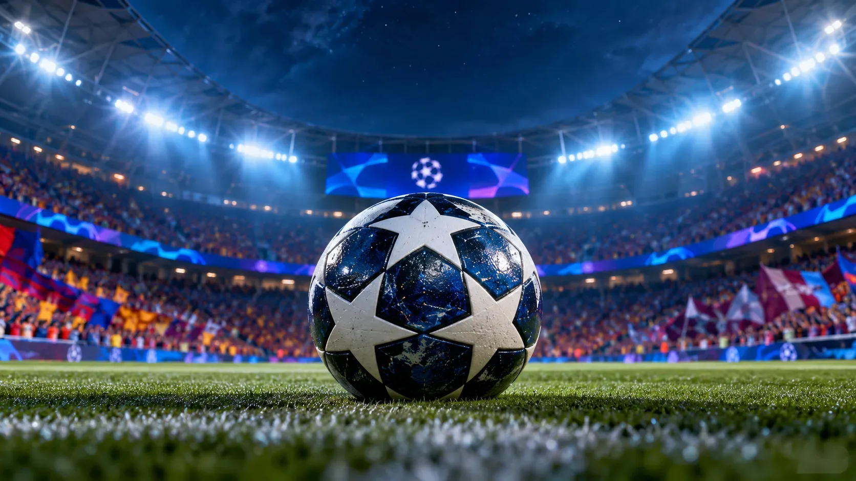 Bola de futebol com desenho de estrelas em primeiro plano no gramado, sob refletores de um estádio lotado à noite.