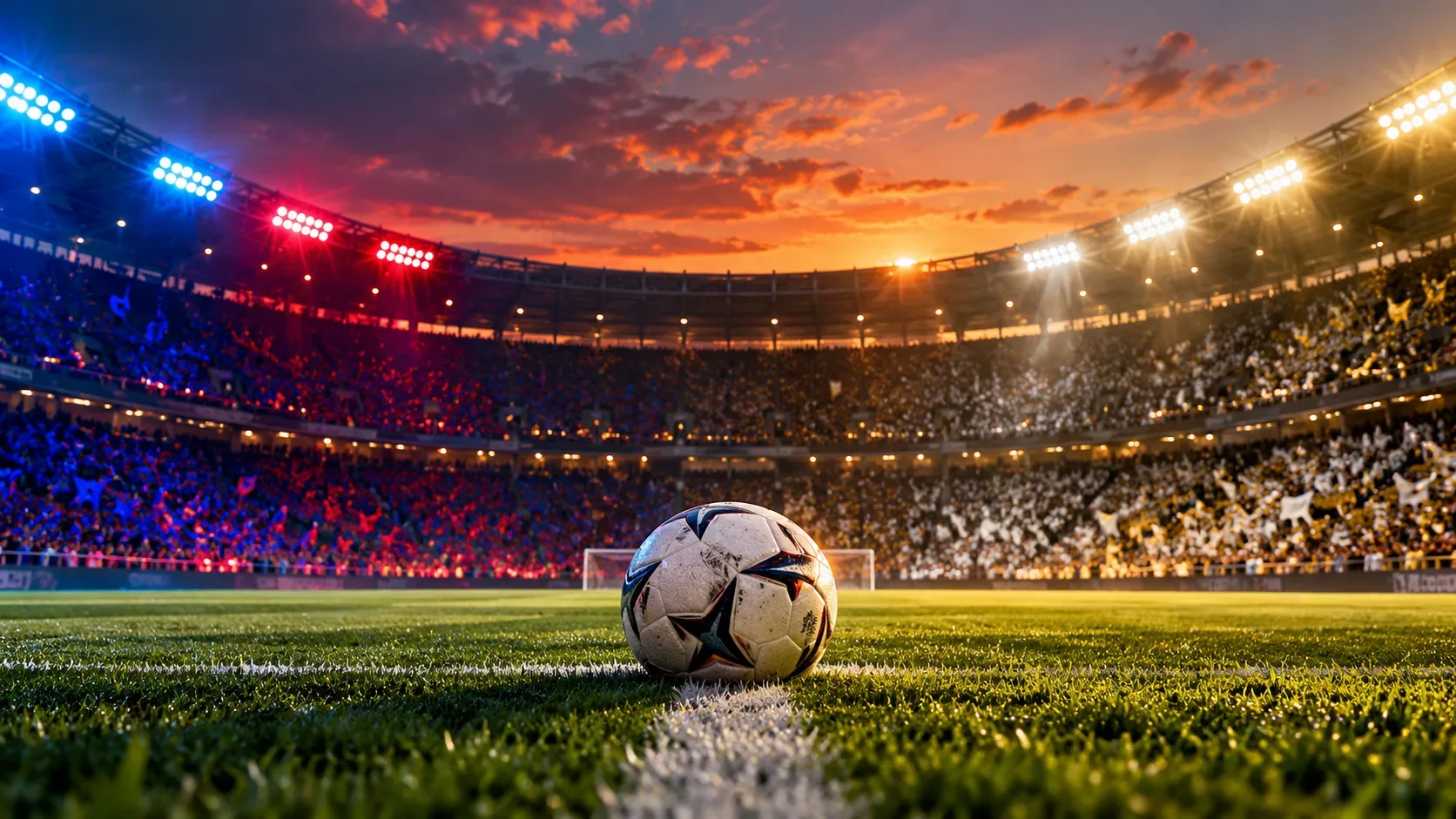 Bola de futebol sobre a linha branca do gramado em um estádio lotado ao pôr do sol, com iluminação azul, vermelha e dourada nas arquibancadas.
