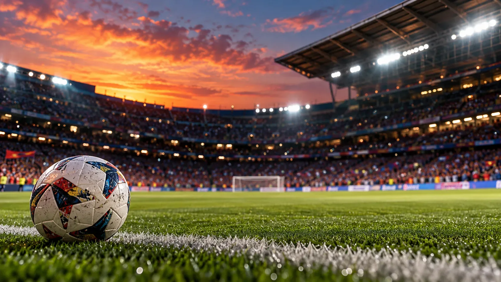 Bola de futebol junto à linha branca do gramado em primeiro plano, com arquibancadas lotadas e céu alaranjado de fim de tarde ao fundo.