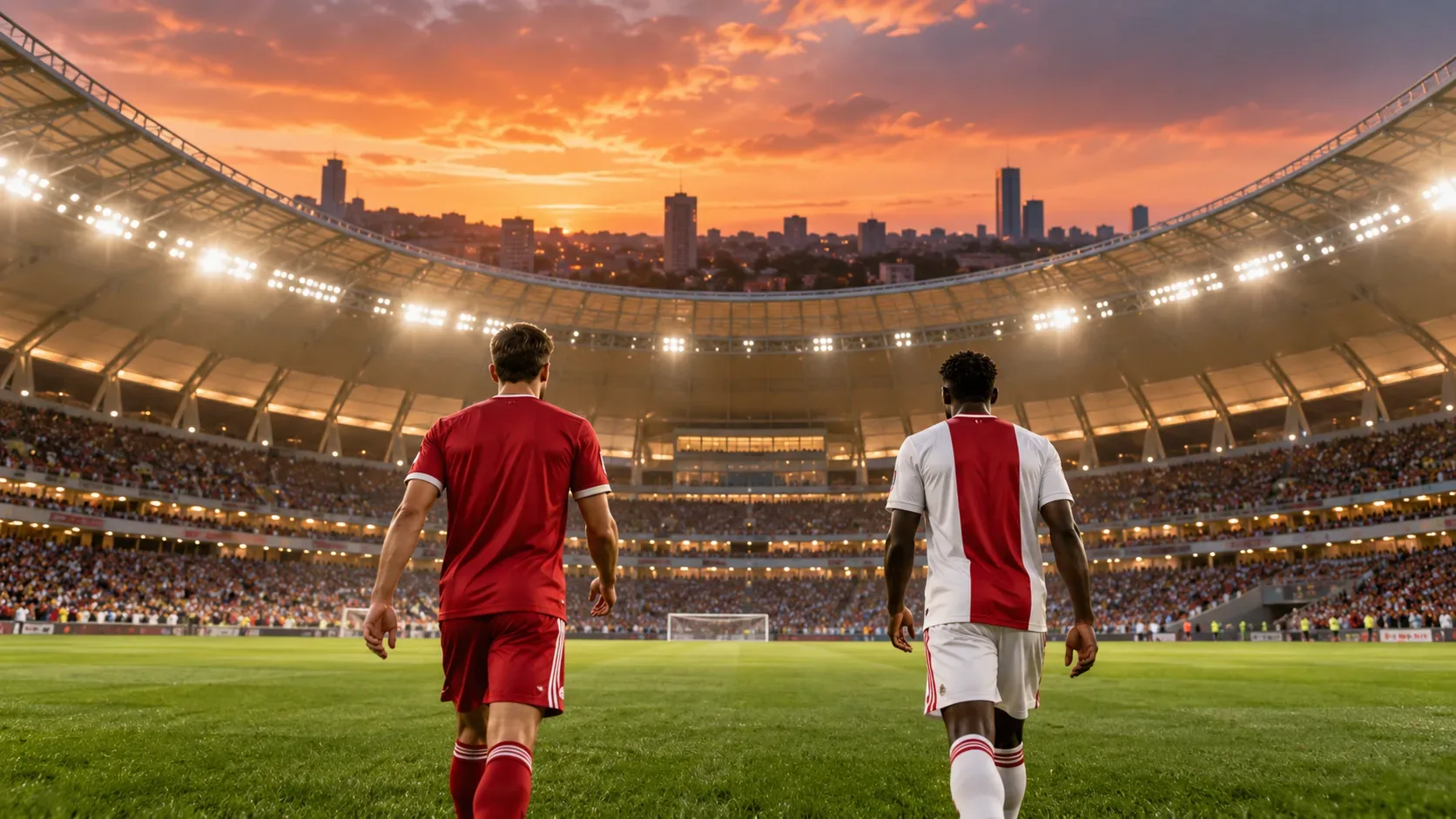 Dois jogadores vistos de costas, um de uniforme vermelho e outro de branco com faixa vermelha, caminham no gramado de um grande estádio iluminado ao pôr do sol.