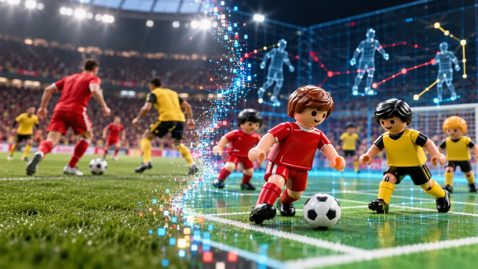 Campo de futebol iluminado dividido entre jogadores de aparência realista e figuras de brinquedo vermelhas e amarelas, com grade e partículas digitais representando a passagem para uma versão virtual.