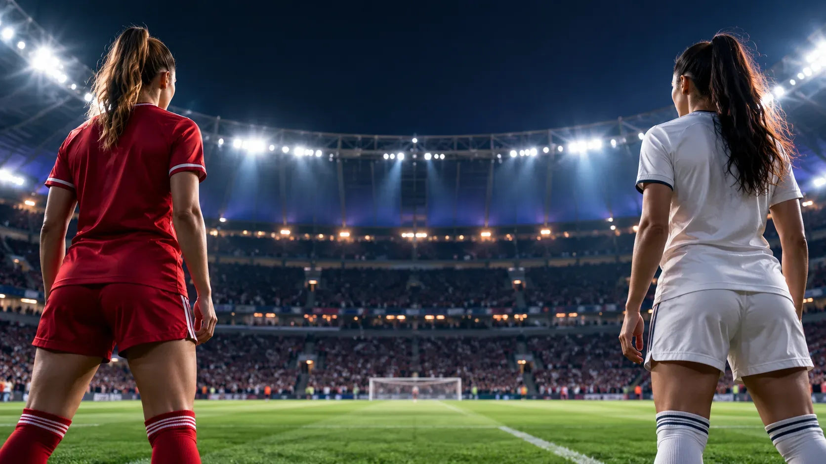Duas jogadoras vistas de costas, uma com uniforme vermelho e outra de branco, em um campo iluminado de estádio à noite.
