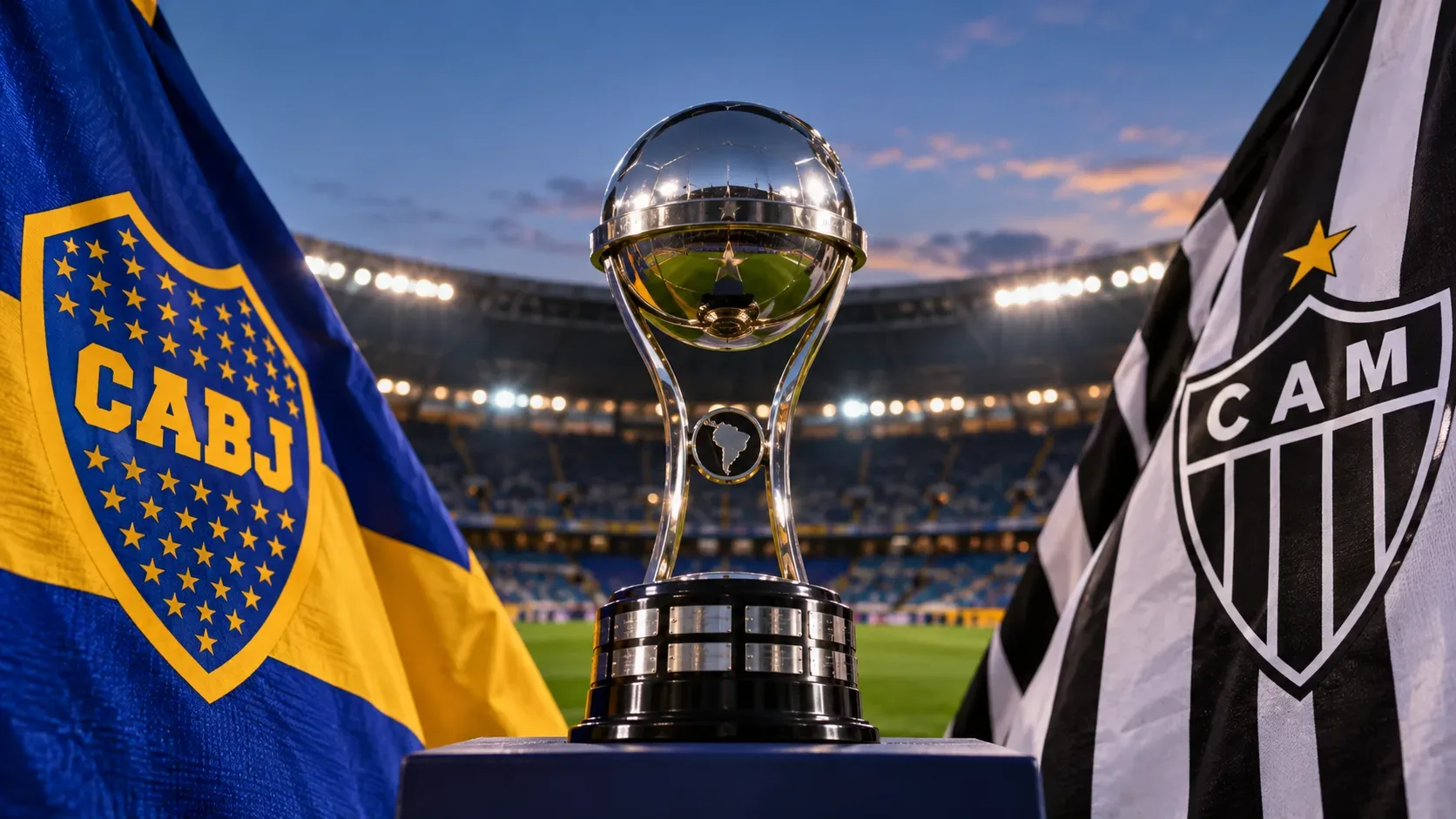 Troféu prateado no centro de um estádio iluminado, entre a bandeira azul e amarela do Boca Juniors e a bandeira preta e branca do Atlético-MG.
