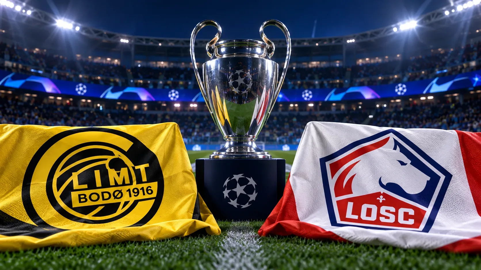 Taça prateada no centro de um estádio iluminado, entre tecidos amarelo e preto e branco, vermelho e azul com emblemas alusivos a Bodø/Glimt e Lille.