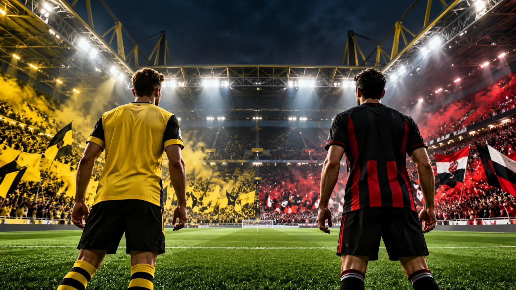 Ilustração editorial de dois jogadores vistos de costas à beira de um gramado iluminado, diante de arquibancadas com bandeiras amarelas, vermelhas e pretas.