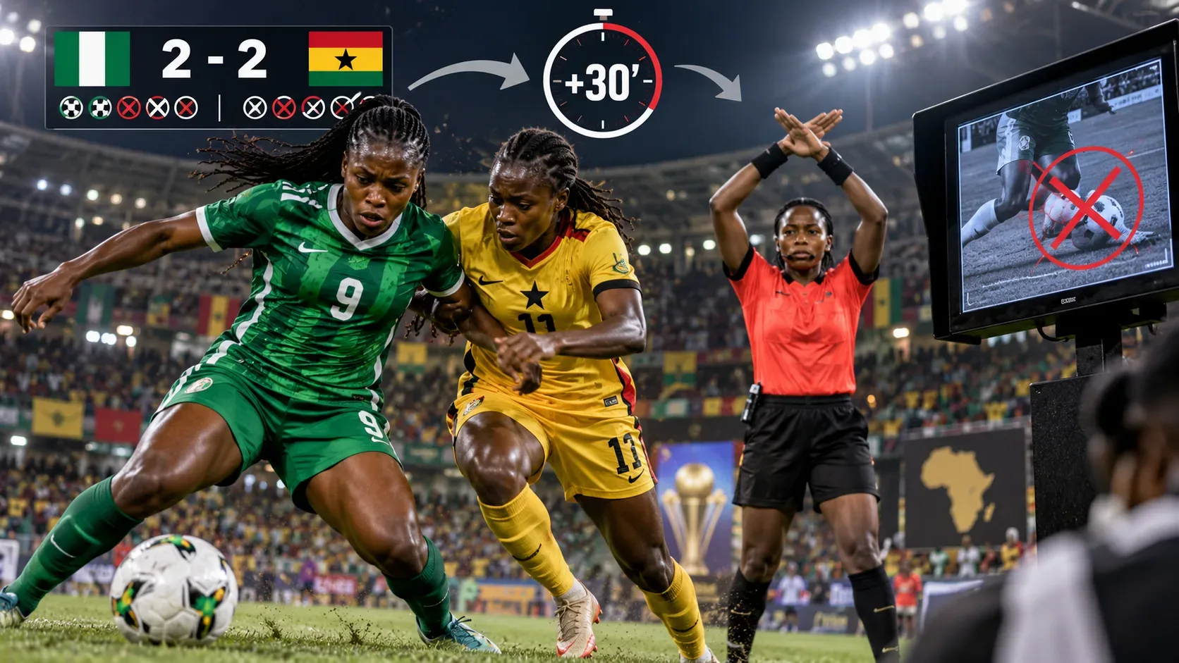 Ilustração de duas jogadoras disputando a bola, árbitra gesticulando, placar de 2 a 2, símbolos de pênaltis riscados e relógio com mais 30 minutos.