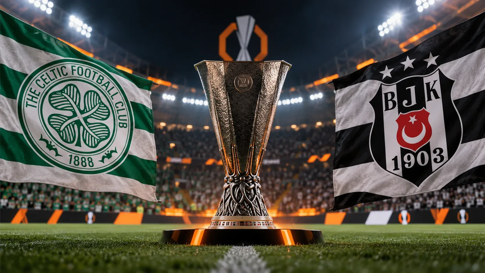 Troféu prateado ao centro de um estádio iluminado, ladeado por bandeiras verde e branca e preta e branca.