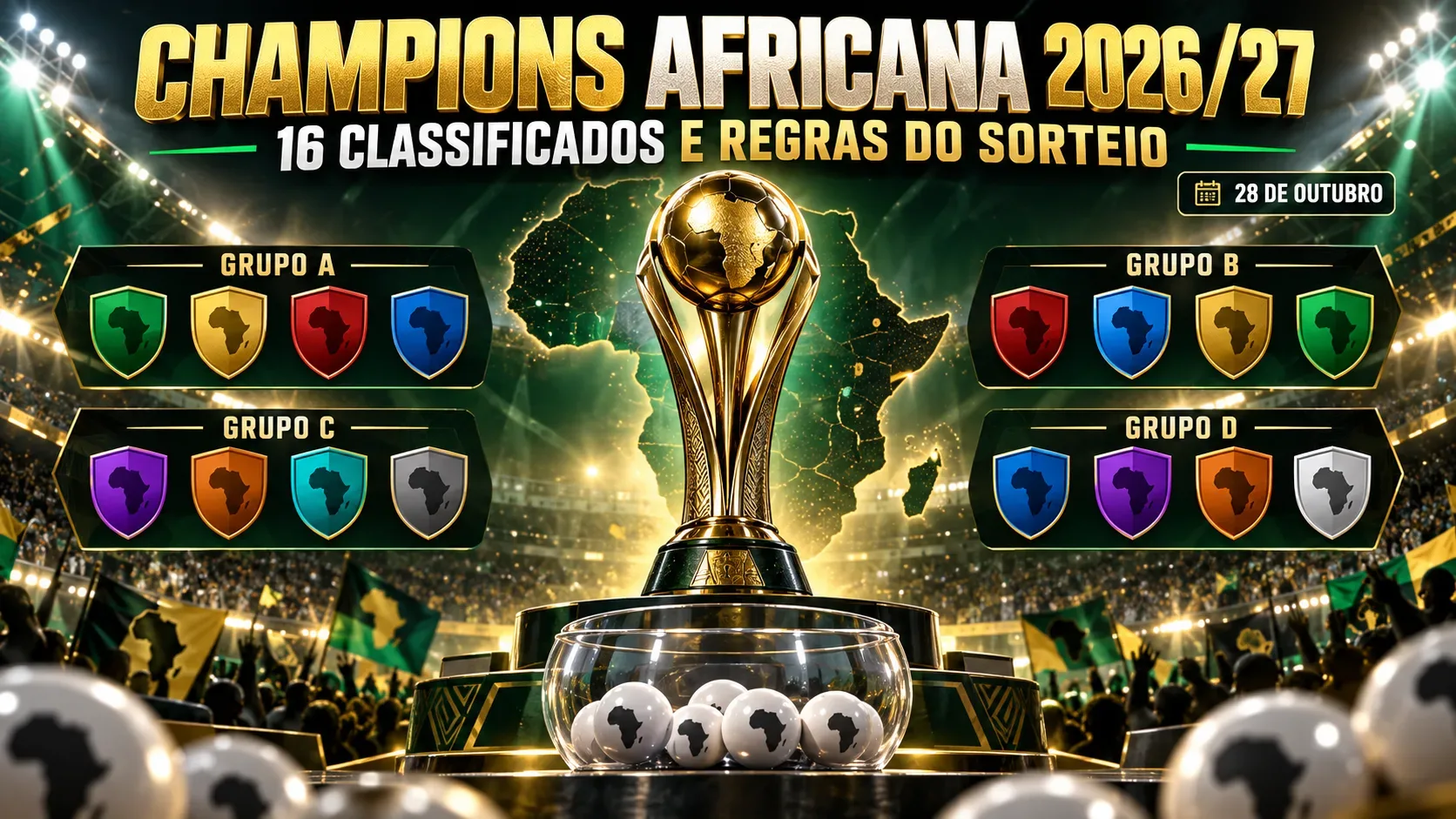 Capa ilustrativa com troféu dourado, mapa da África, urna de bolas do sorteio e quatro painéis de grupos com escudos genéricos.