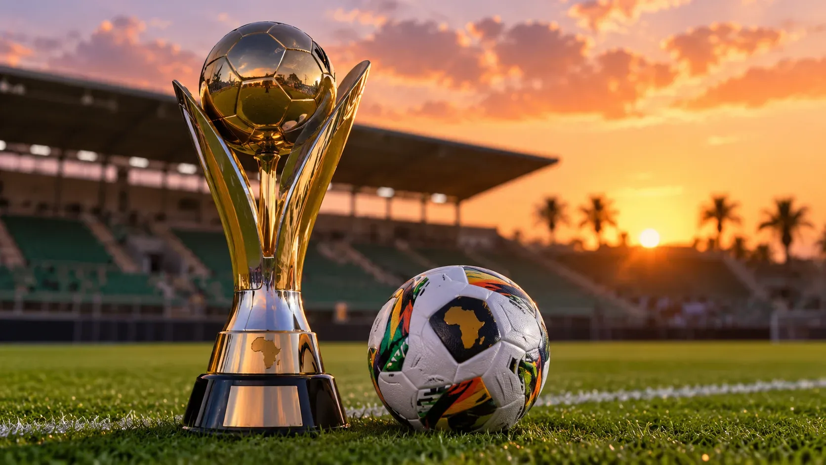 Troféu dourado estilizado e bola com representação do continente africano sobre o gramado de um estádio ao pôr do sol.