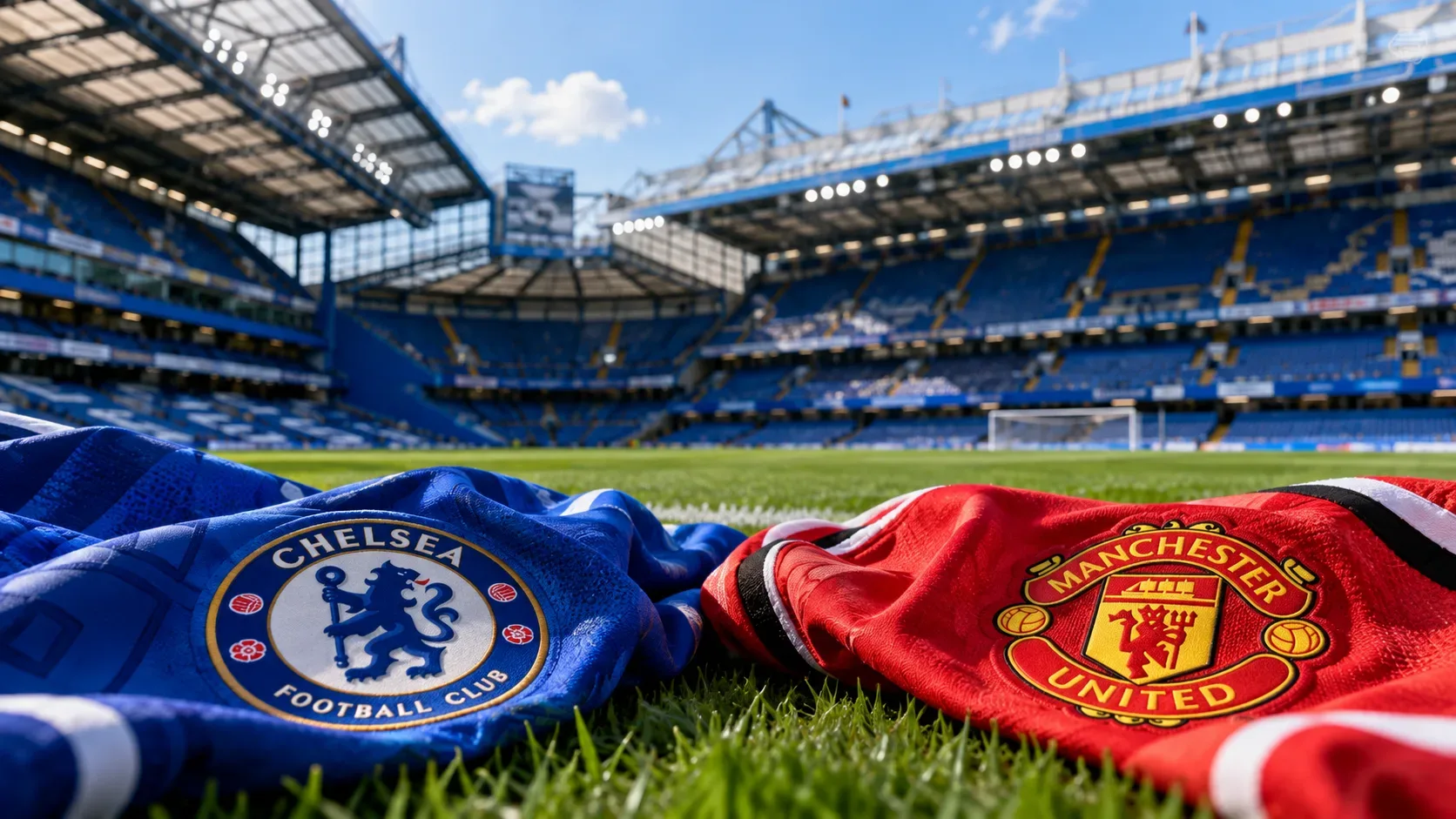 Camisas azul e vermelha com emblemas de Chelsea e Manchester United sobre o gramado de um estádio com arquibancadas azuis.