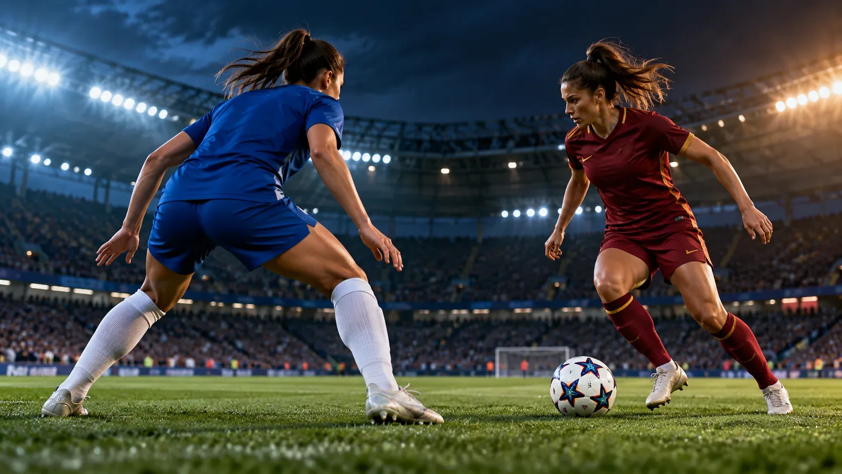Duas jogadoras de futebol, uma de uniforme azul e outra de uniforme vinho, disputam a bola no gramado de um estádio iluminado à noite.