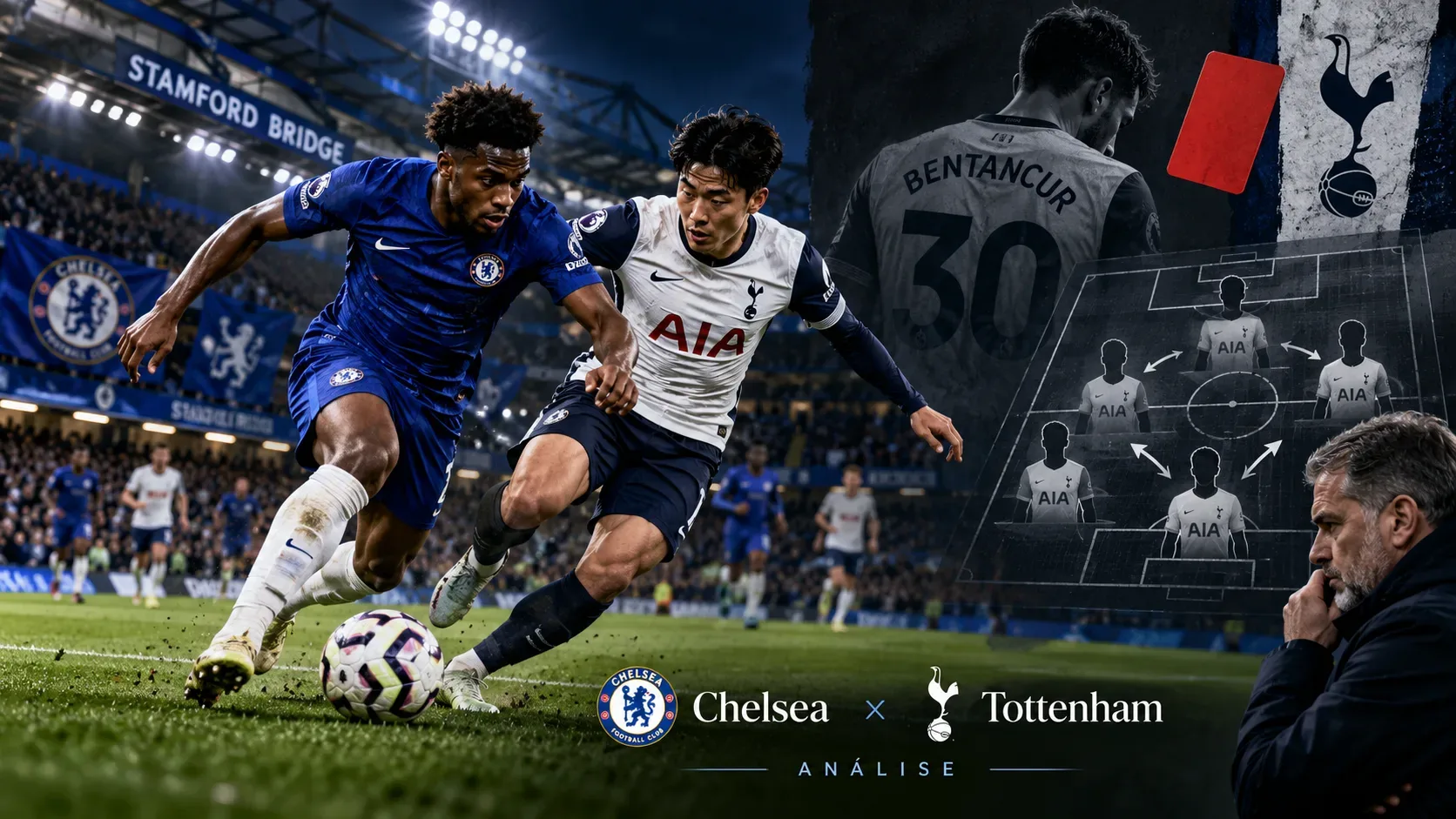 Capa editorial de Chelsea x Tottenham com disputa de bola entre jogadores de azul e branco, Bentancur ao fundo junto de cartão vermelho e um quadro tático com opções de meio-campo.