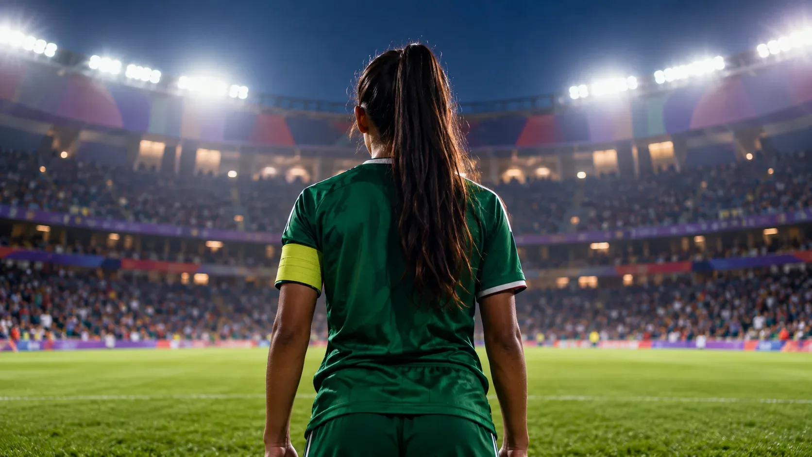 Jogadora de futebol com uniforme verde e braçadeira amarela vista de costas no gramado, diante das arquibancadas de um estádio iluminado à noite.