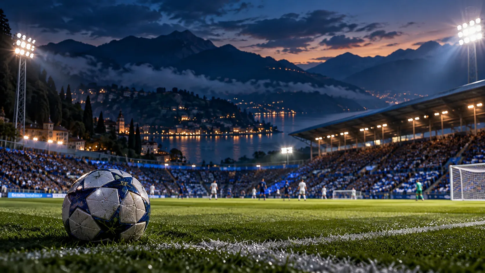Bola de futebol no gramado em primeiro plano, com arquibancadas iluminadas, um lago, uma cidade ao fundo e montanhas ao entardecer.