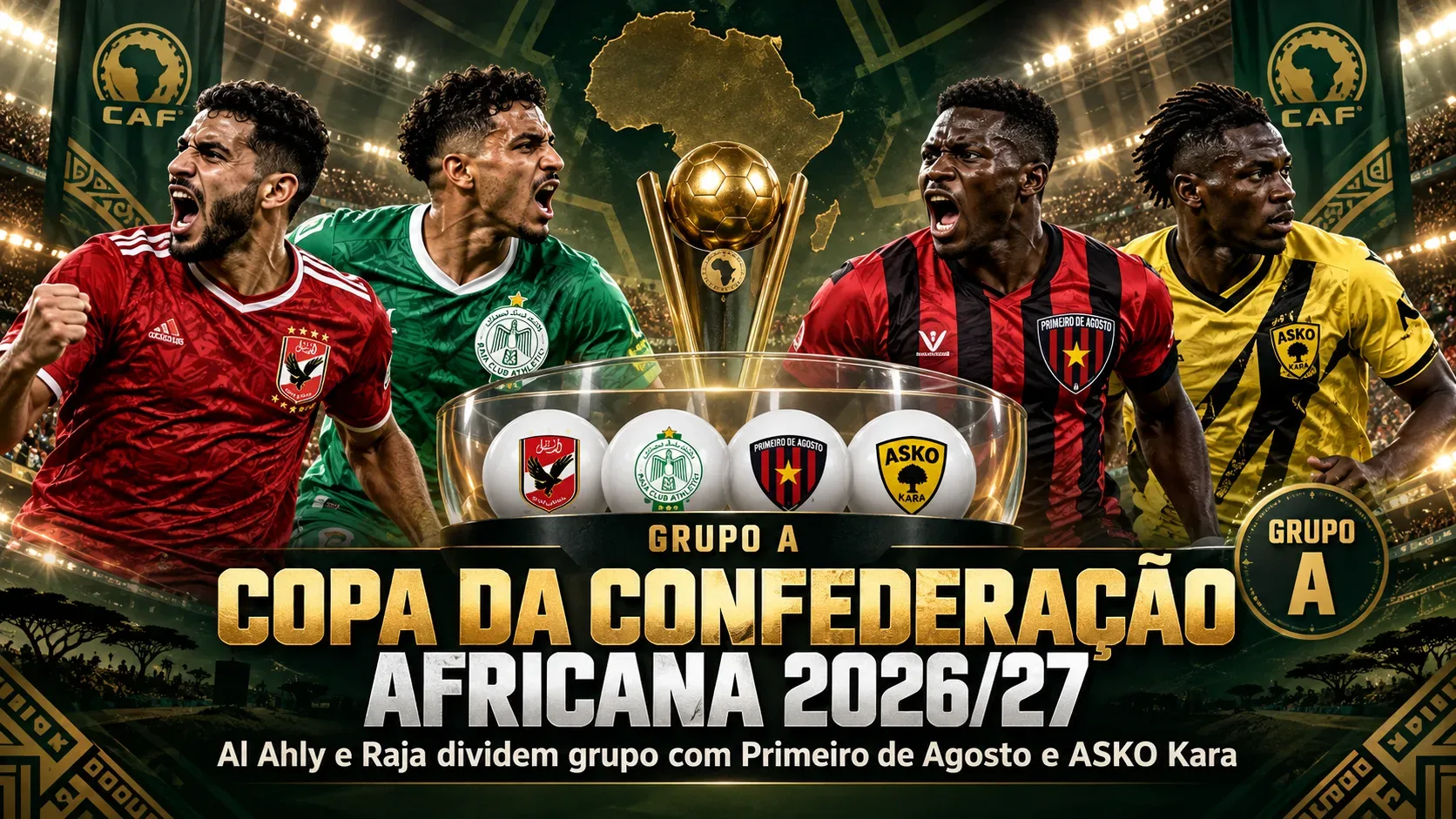 Arte de futebol com quatro jogadores de camisas vermelha, verde, vermelha e preta, e amarela e preta, ao redor de troféu dourado e bolas de sorteio, com mapa da África e título do Grupo A.