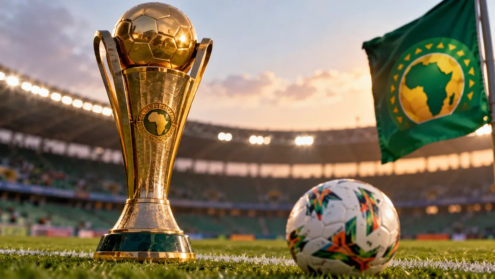 Taça dourada estilizada e bola de futebol sobre o gramado de estádio iluminado, com bandeira verde e desenho da África ao fundo.
