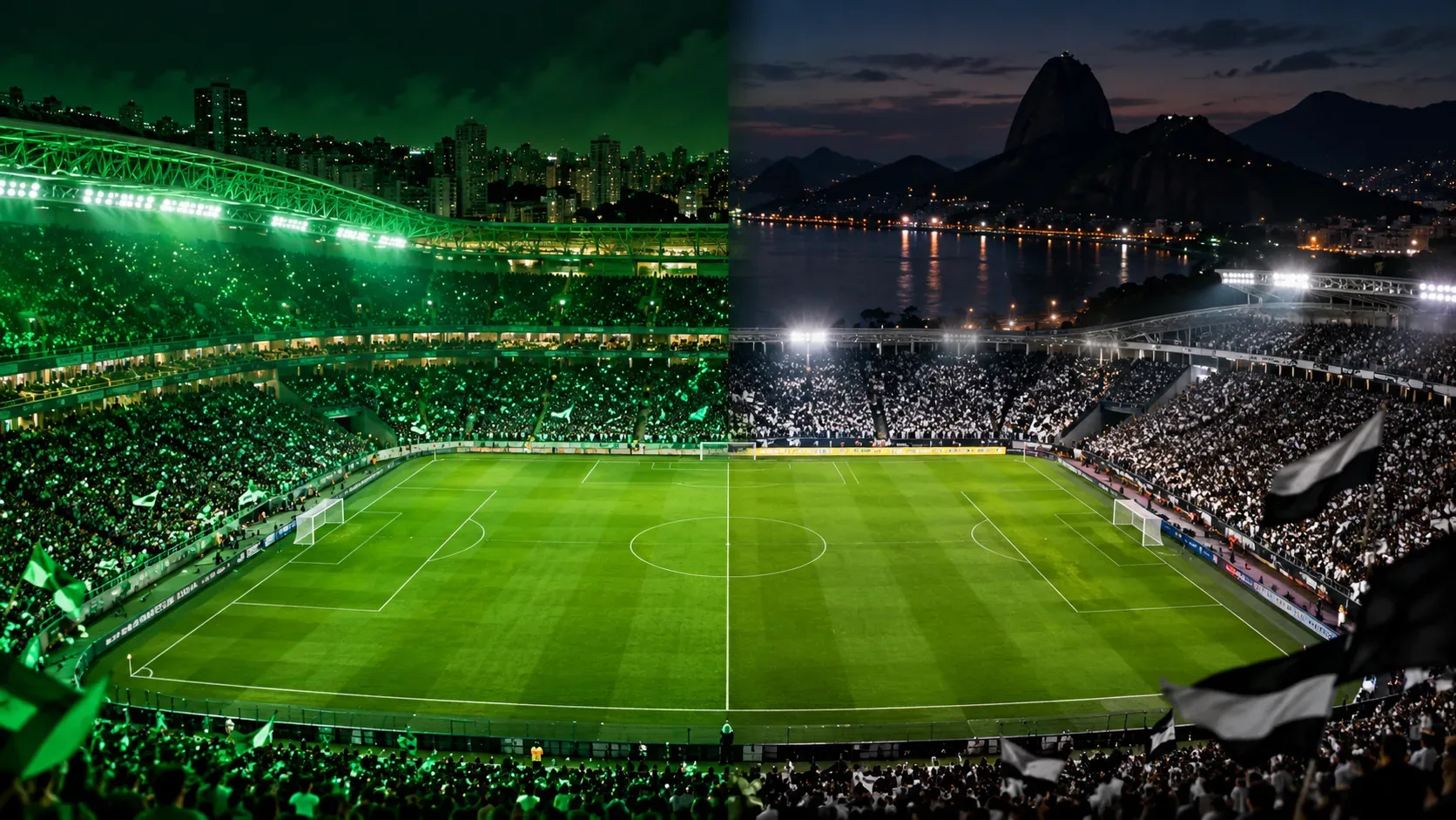Vista panorâmica de um campo de futebol à noite, com o estádio dividido entre arquibancadas iluminadas em verde e torcedores em preto e branco.