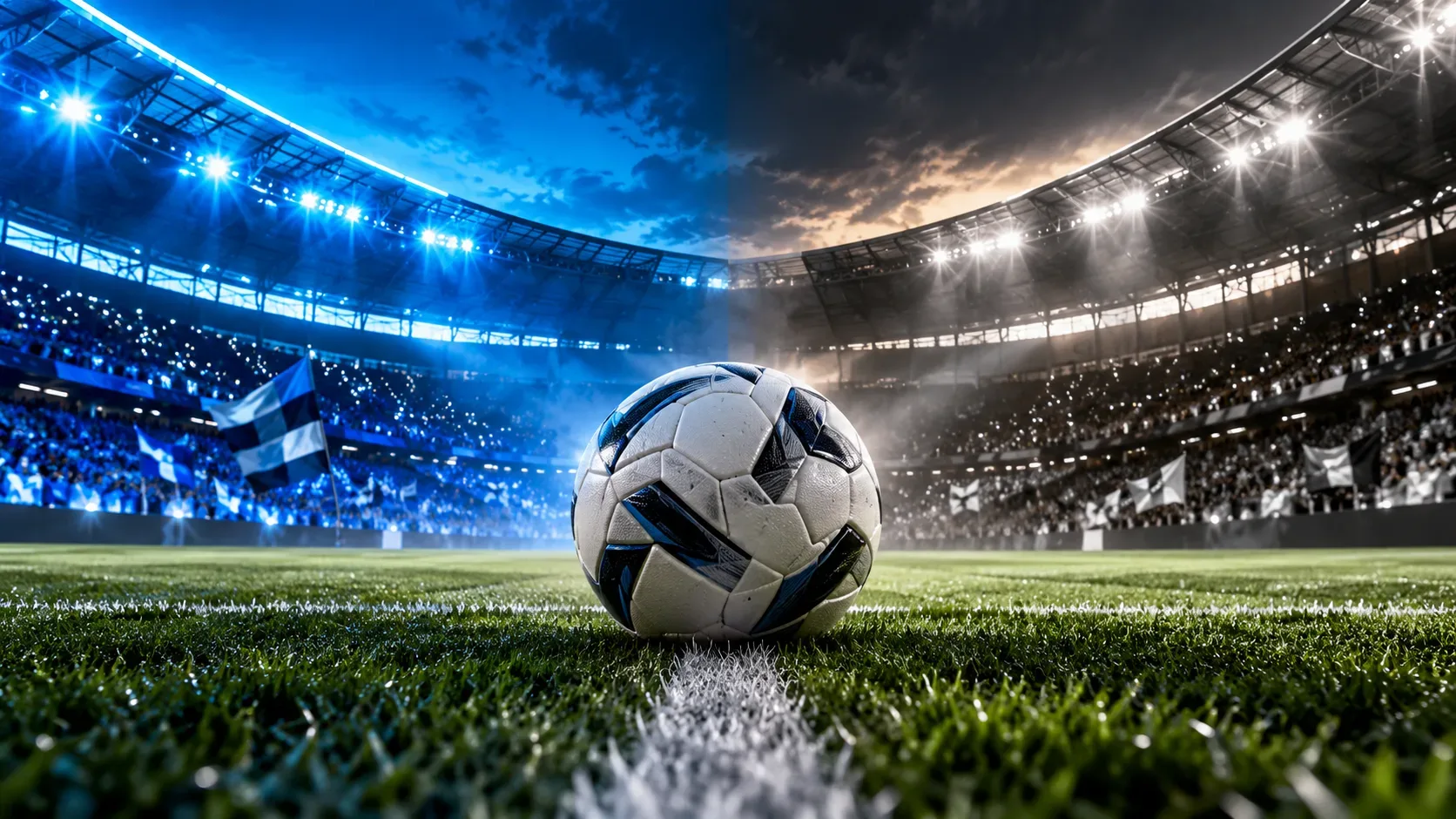Bola de futebol sobre uma linha branca no gramado, diante de um estádio iluminado, com arquibancadas azuis à esquerda e tons de cinza à direita.