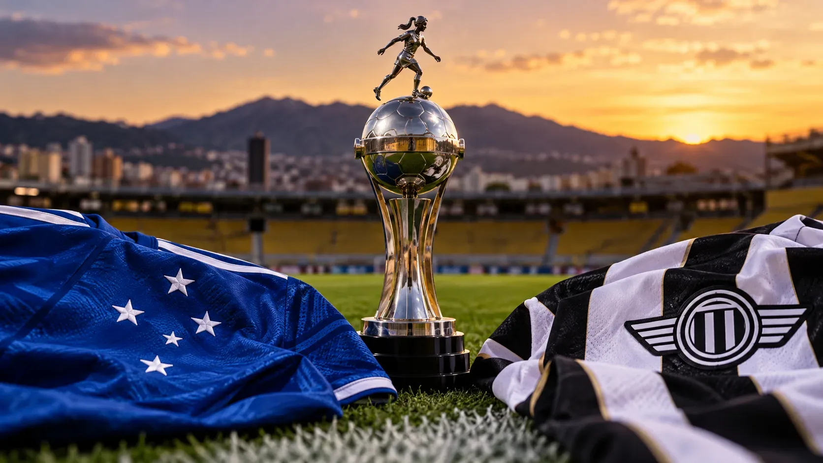 Troféu prateado com figura de jogadora no topo entre tecidos azul com estrelas e preto e branco listrado, sobre gramado em estádio ao pôr do sol.