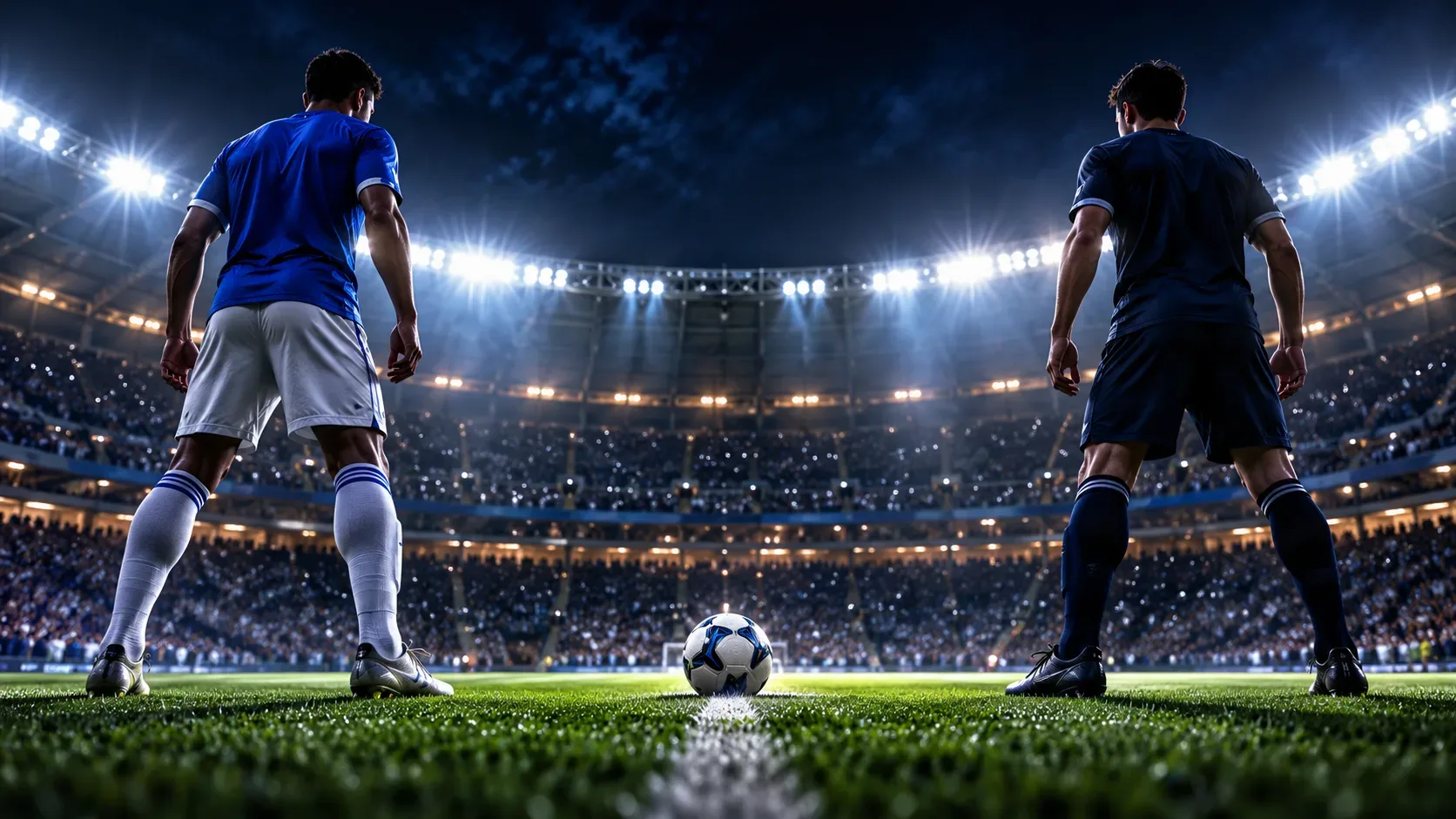 Dois jogadores de costas, em uniformes azul-claro e azul-escuro, diante de uma bola no centro do gramado, em estádio iluminado à noite.