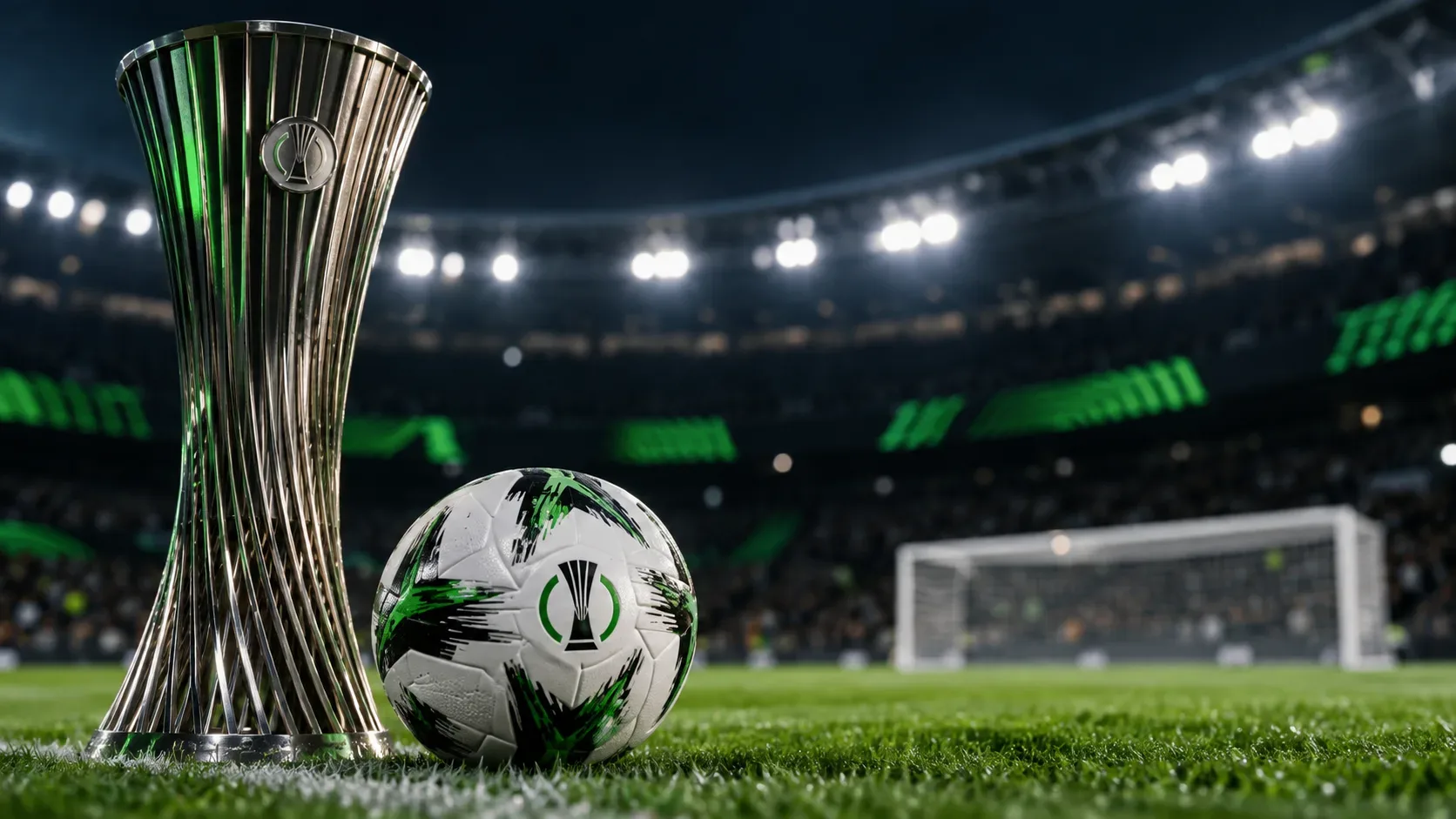 Troféu metálico estilizado e bola branca com detalhes verdes sobre o gramado de um estádio iluminado à noite.