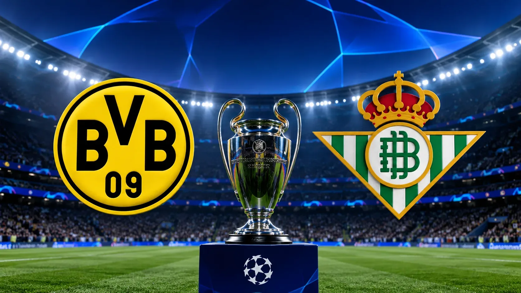 Taça prateada da Champions League sobre um pedestal em estádio iluminado, entre os emblemas do Borussia Dortmund e do Real Betis.