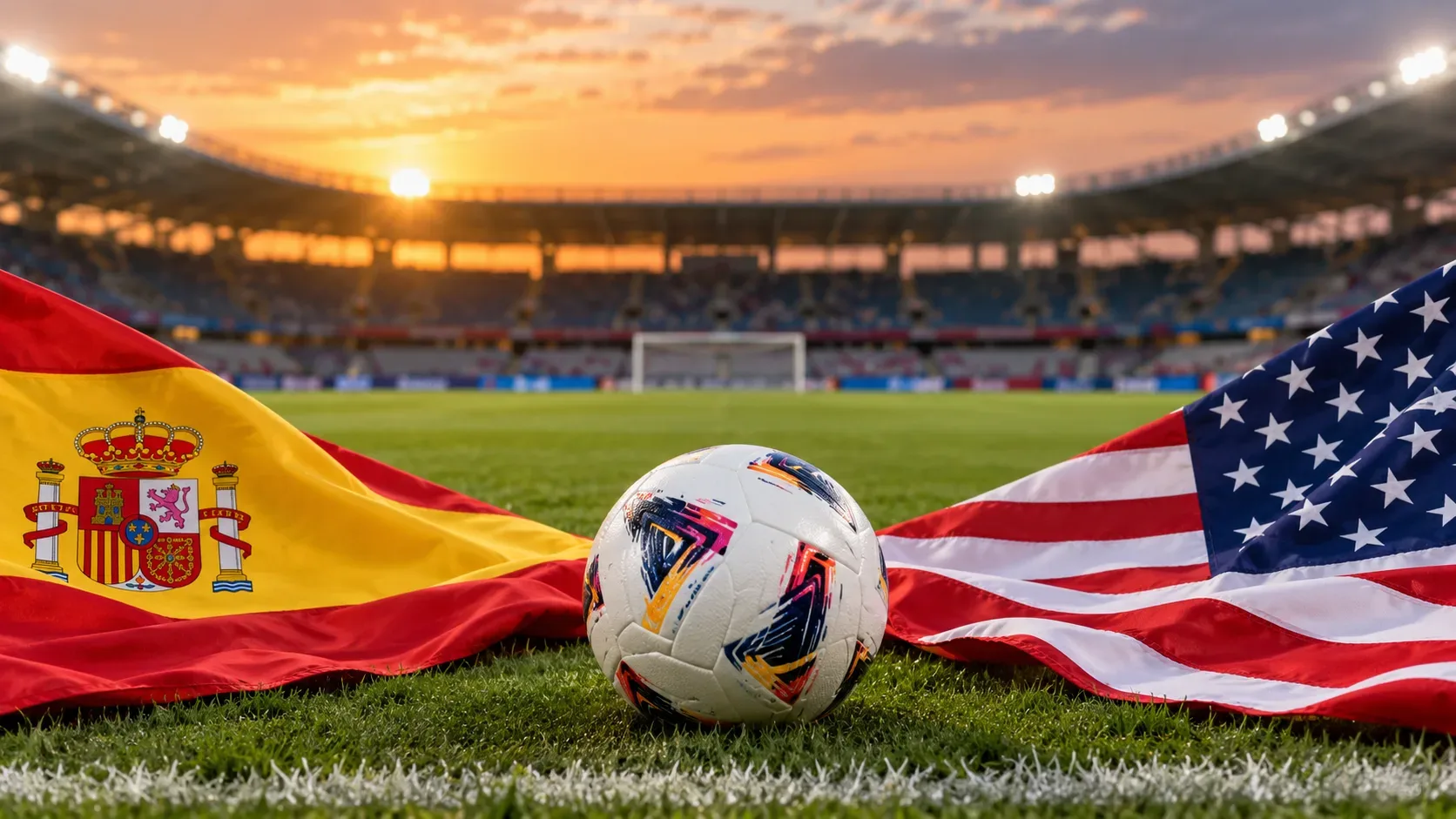 Bola de futebol sobre o gramado entre bandeiras da Espanha e dos Estados Unidos, com arquibancadas iluminadas ao entardecer.
