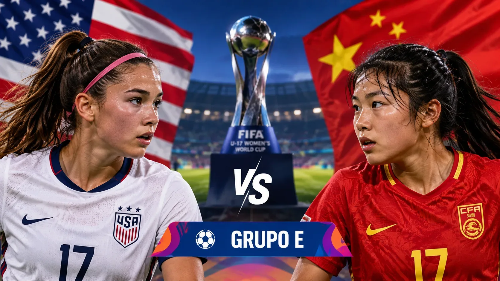 Arte de confronto com jogadora de branco à esquerda e jogadora de vermelho à direita, bandeiras dos EUA e da China, troféu central e inscrições VS e GRUPO E.