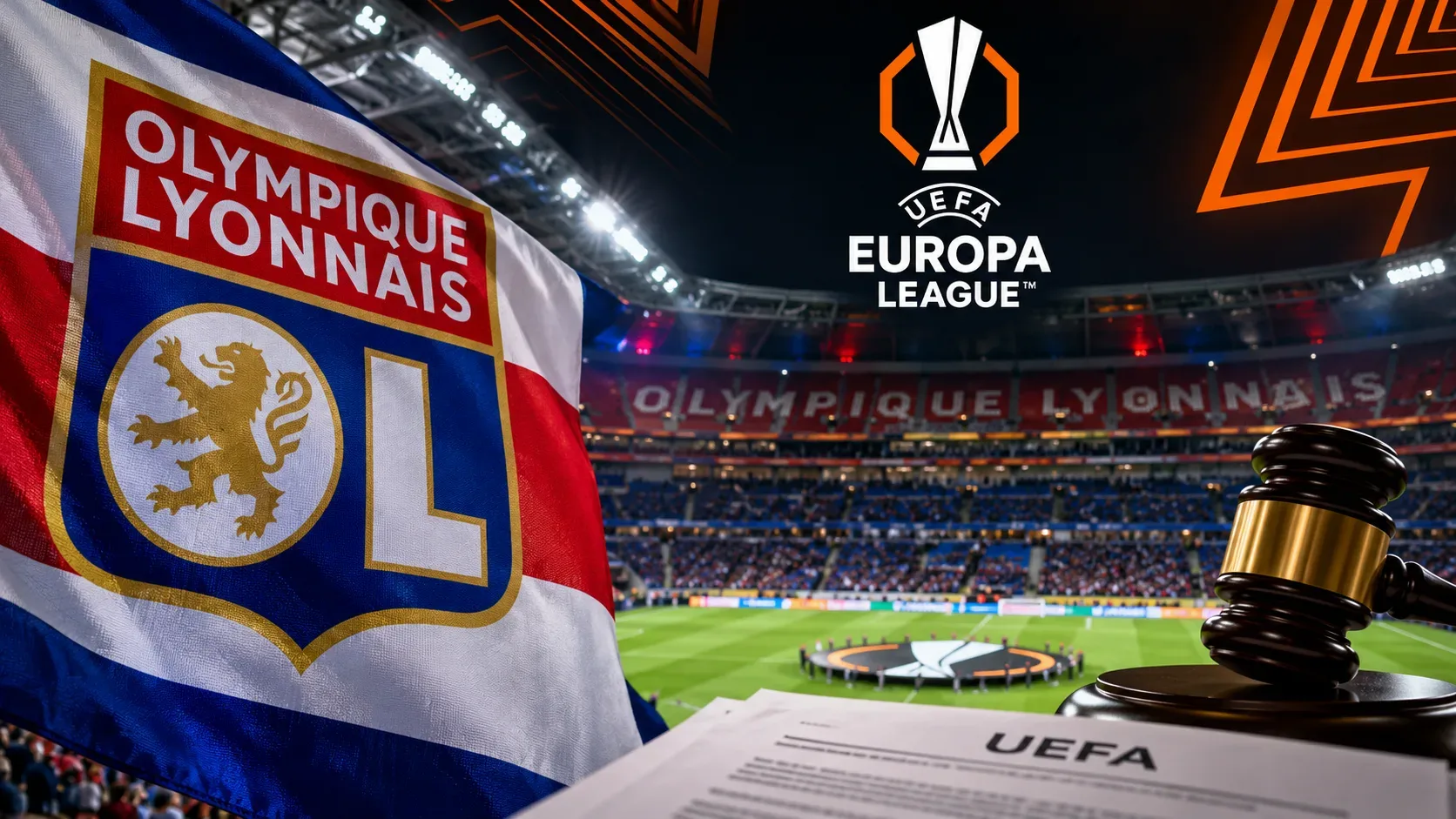 Arte digital com bandeira do Olympique Lyonnais, estádio iluminado, símbolo da Europa League, martelo e documento da UEFA.