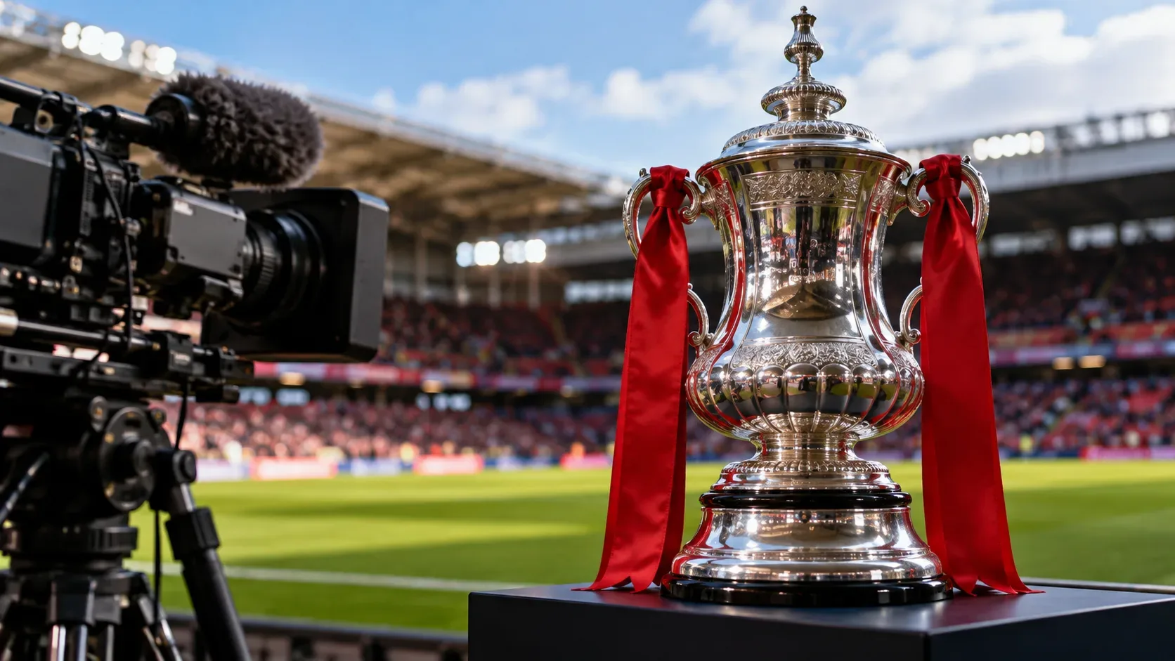 Uma câmera de televisão profissional à esquerda de um troféu prateado com fitas vermelhas, à beira do gramado de um estádio de futebol.