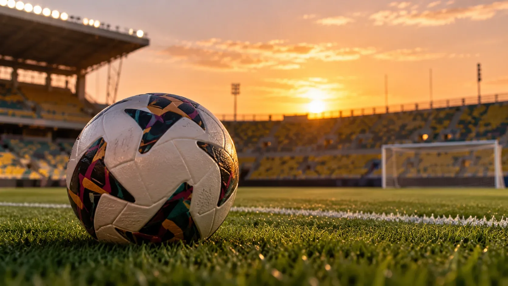Bola de futebol sobre gramado verde em primeiro plano, com arquibancadas e gol ao fundo sob o pôr do sol em estádio iluminado.