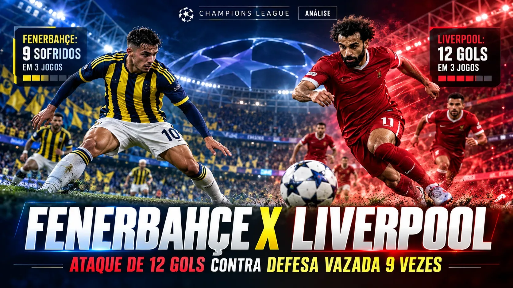 Capa ilustrada do duelo Fenerbahçe x Liverpool: jogador com listras azuis e amarelas enfrenta atleta de vermelho diante de estádio iluminado, com título e quadros dos 12 gols marcados e nove sofridos.