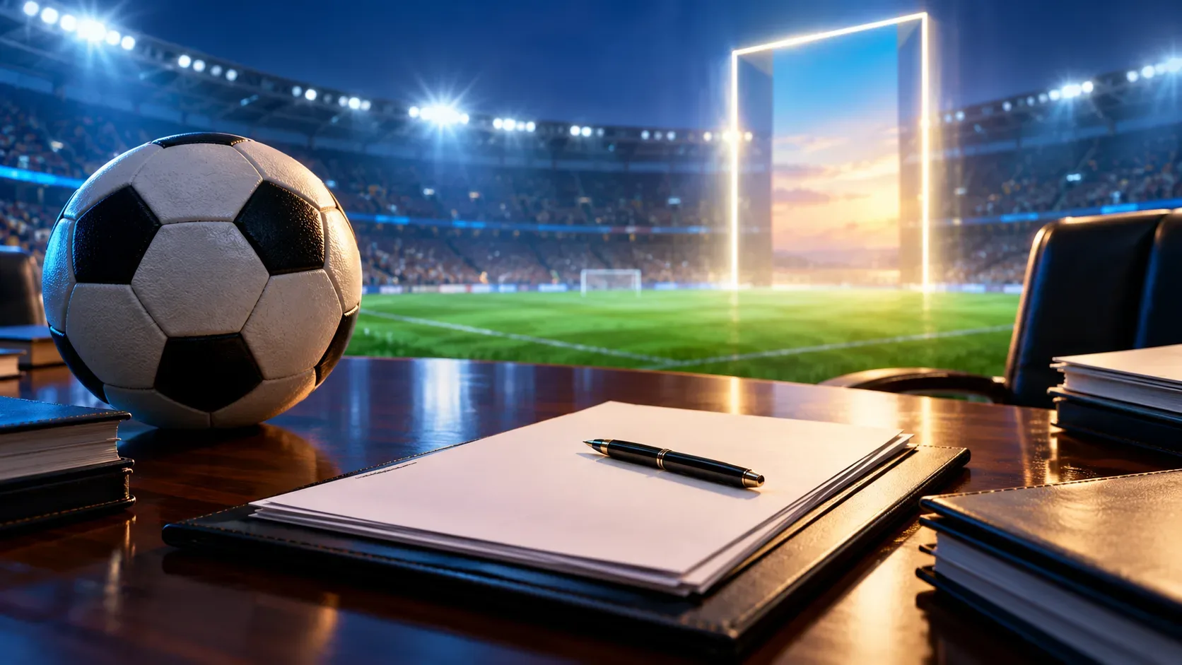 Bola de futebol sobre mesa de negociação com documentos em branco e caneta, diante de gramado iluminado e uma passagem luminosa ao fundo.
