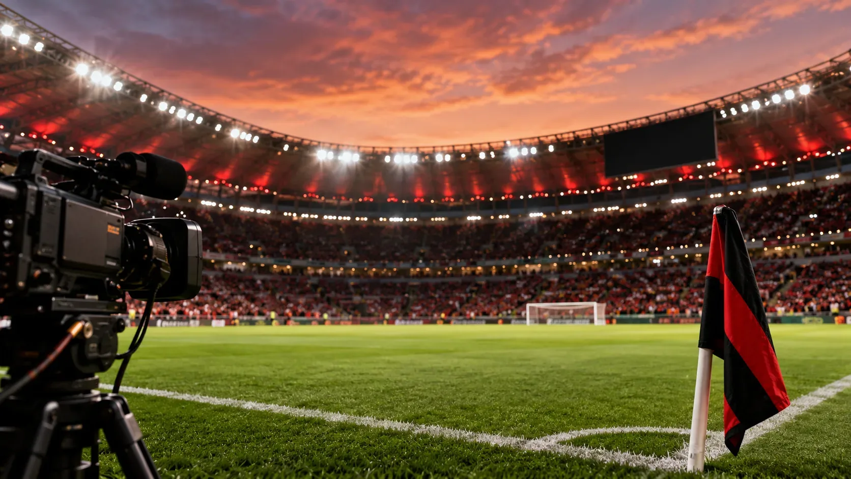 Câmera de transmissão à esquerda do campo em um estádio iluminado ao entardecer, com bandeira de escanteio vermelha e preta em primeiro plano.